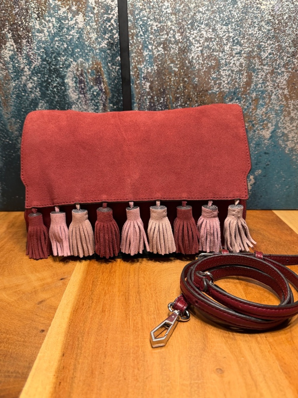 Rebecca Minkoff Boho Finn Tassel Suede Leather Crossbody Clutch Burgundy (GUC) - Picture 4 of 17